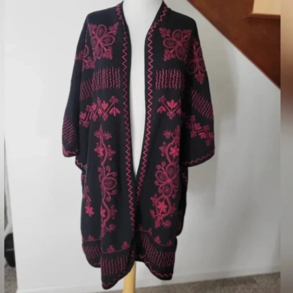 Johnny Was Embroidered Open Front Kimono Black Fuchsia Bohemian Cotton Cardigan